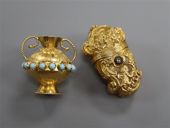 An early 20th century French? yellow metal and rose cut diamond set pill box and an Italian miniature vase